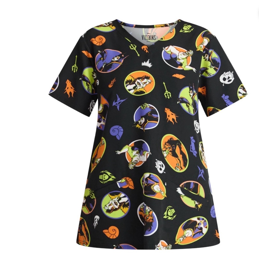 Disney Villains Women's Scrub Top with Short Sleeves, 2 Pockets Size S New